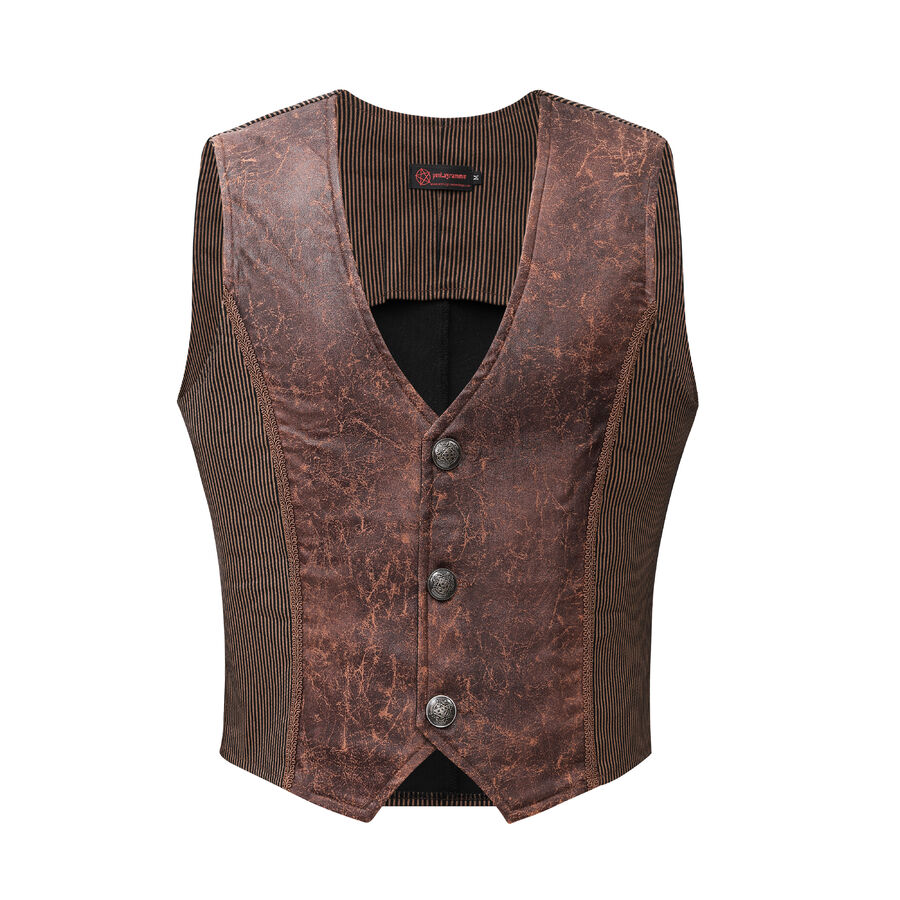 Gilet steampunk victorien homme - simili cuir vieilli et tissu rayé marron