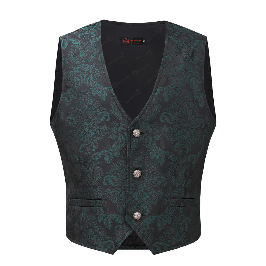 Gilet victorien steampunk homme - brocart vert/noir à boutons décoratifs
