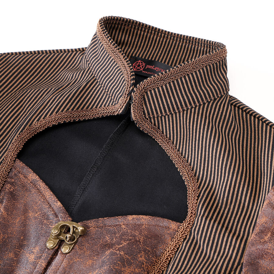 photo n&deg;5 : Veste/gilet steampunk femme &agrave; agrafes r&eacute;tro - panneaux ray&eacute;s & effet cuir