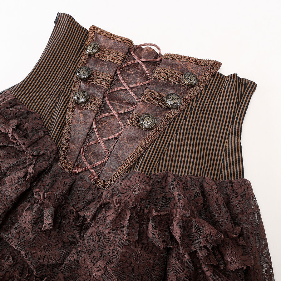 photo n&deg;3 : Jupe corset steampunk longue en coton ray&eacute; marron et dentelle