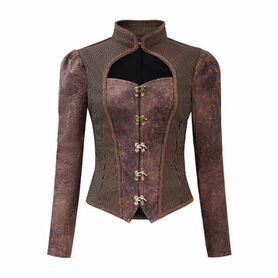 Veste/gilet steampunk femme &agrave; agrafes r&eacute;tro - panneaux ray&eacute;s & effet cuir