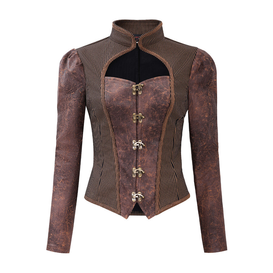 photo n&deg;3 : Veste/gilet steampunk femme &agrave; agrafes r&eacute;tro - panneaux ray&eacute;s & effet cuir