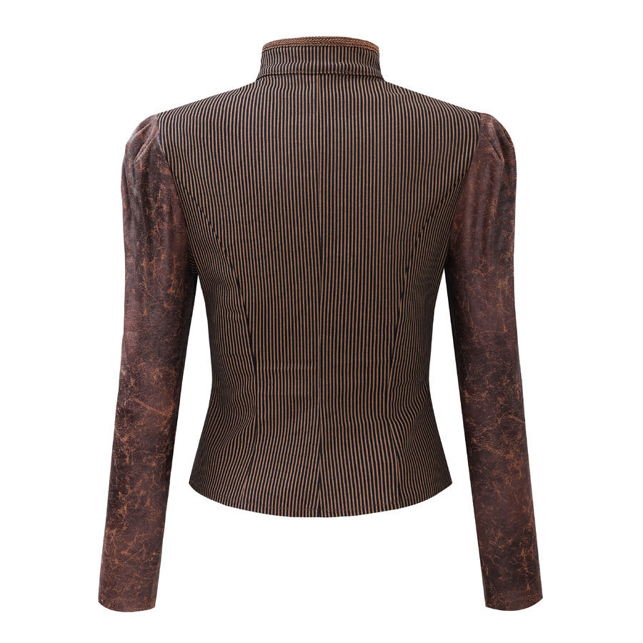 photo n&deg;4 : Veste/gilet steampunk femme &agrave; agrafes r&eacute;tro - panneaux ray&eacute;s & effet cuir