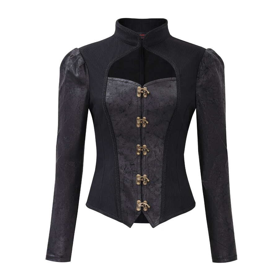 Veste/gilet steampunk femme &agrave; agrafes r&eacute;tro - panneaux ray&eacute;s & effet cuir