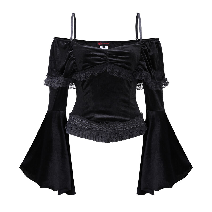 Top gothique en velours extensible &agrave; &eacute;paules d&eacute;nud&eacute;es, manches &eacute;vas&eacute;es