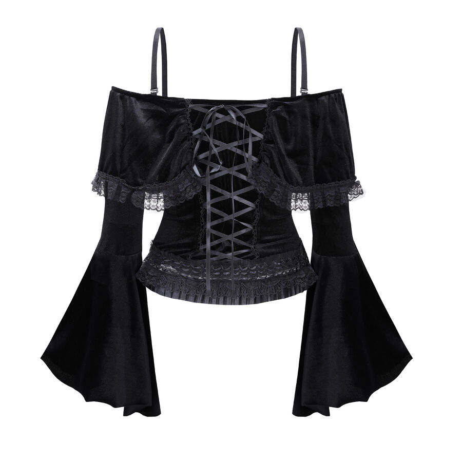 photo n&deg;2 : Top gothique en velours extensible &agrave; &eacute;paules d&eacute;nud&eacute;es, manches &eacute;vas&eacute;es