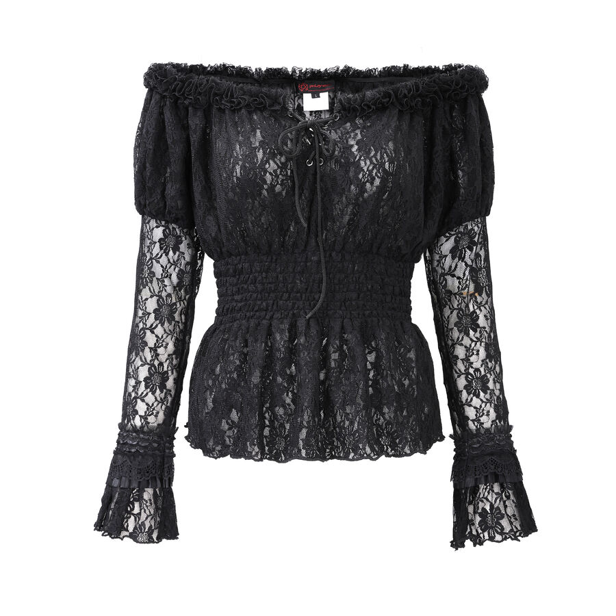 Blouse gothique en dentelle noire &eacute;paules d&eacute;nud&eacute;es, manches longues