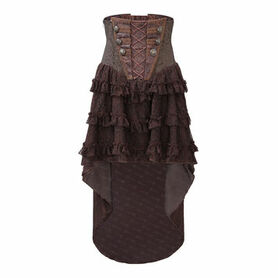 Jupe corset steampunk longue en coton ray&eacute; marron et dentelle