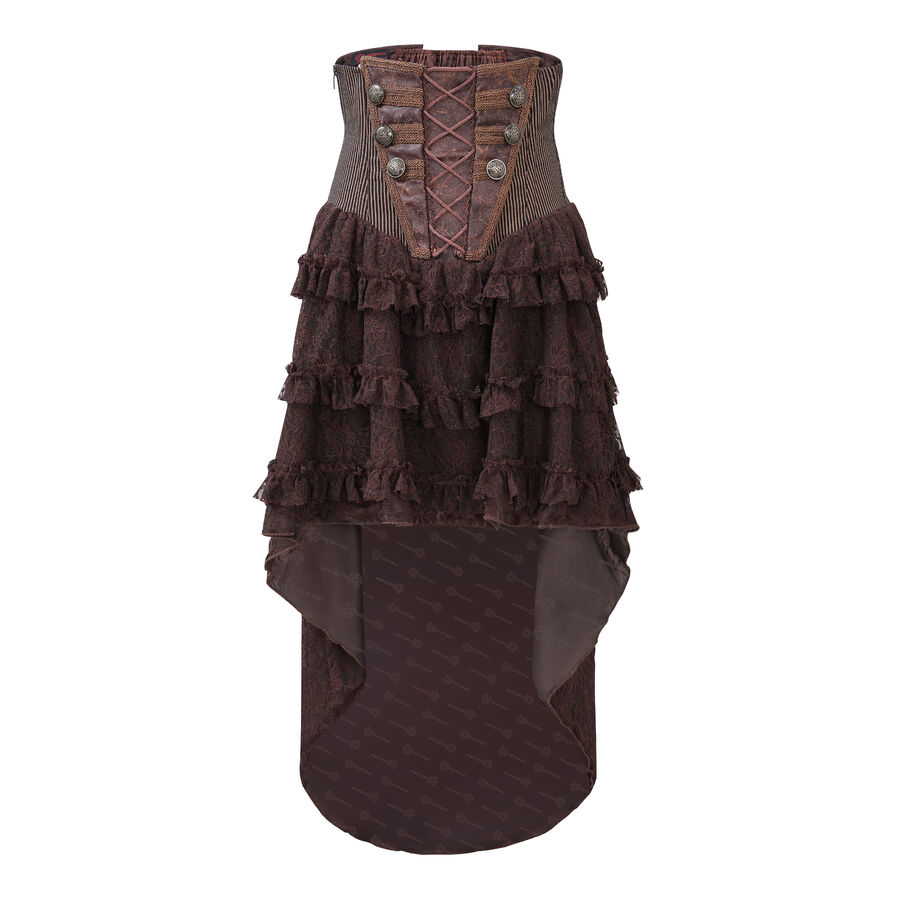 Jupe corset steampunk longue en coton ray&eacute; marron et dentelle