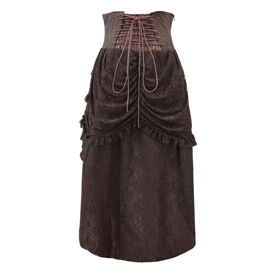 photo n&deg;2 : Jupe corset steampunk longue en coton ray&eacute; marron et dentelle