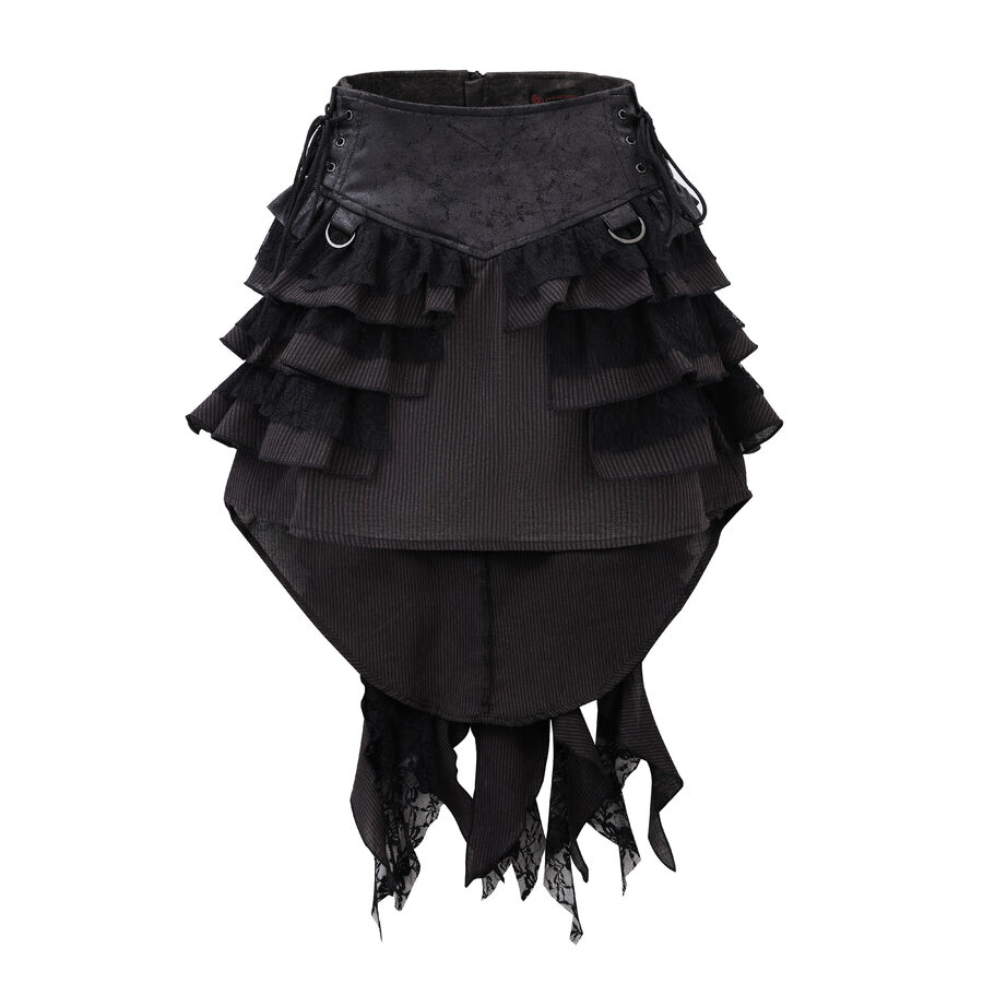 Jupe steampunk gothique &agrave; volants superpos&eacute;s et ceinture effet cuir - avec dentelle