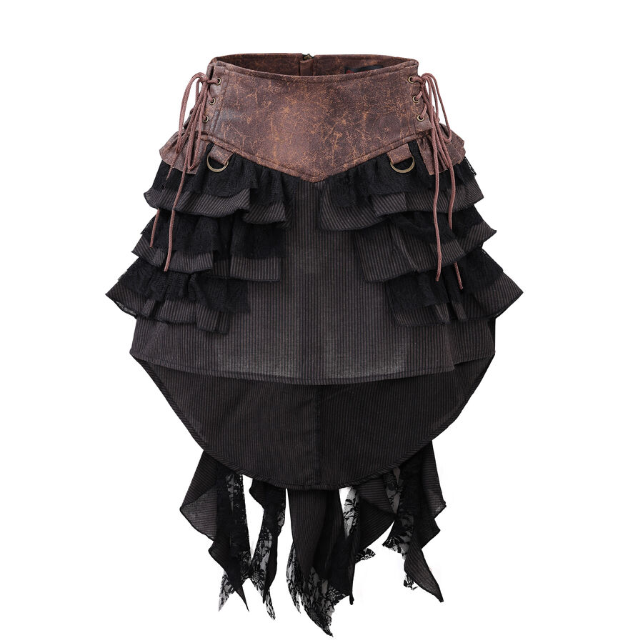 Jupe steampunk gothique &agrave; volants superpos&eacute;s et ceinture effet cuir - avec dentelle