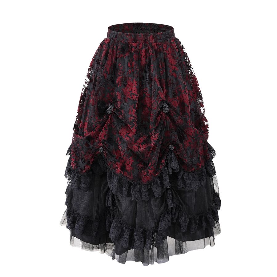 photo n&deg;4 : Jupe gothique longue en tulle floqu&eacute; rouge et noir