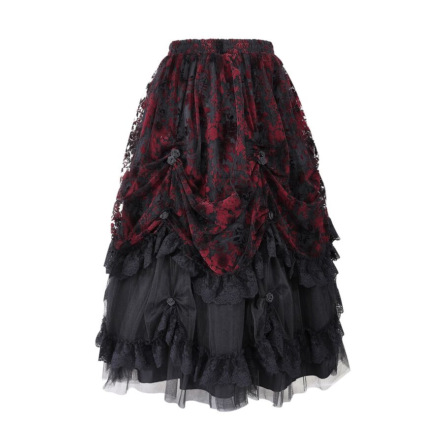 photo n&deg;3 : Jupe gothique longue en tulle floqu&eacute; rouge et noir