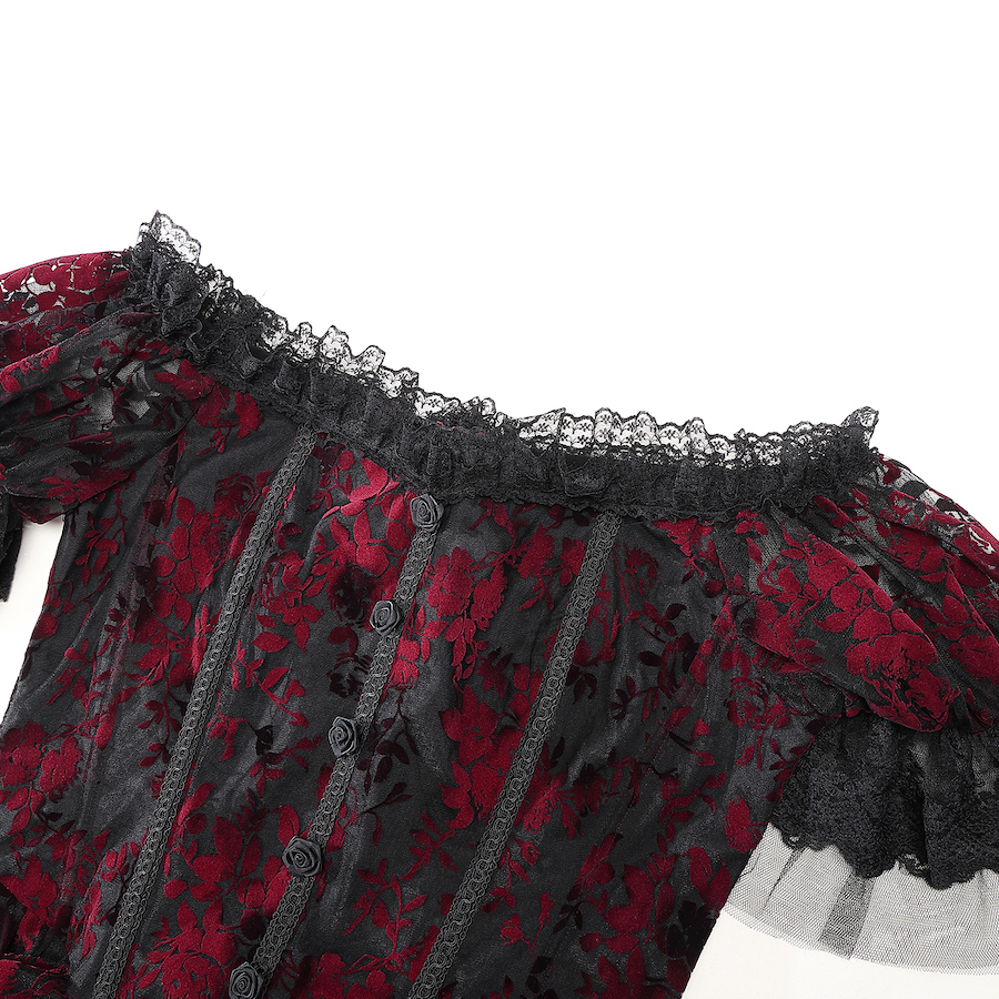 photo n&deg;4 : Robe longue gothique victorienne rouge et noire en tulle fin floqu&eacute; velours