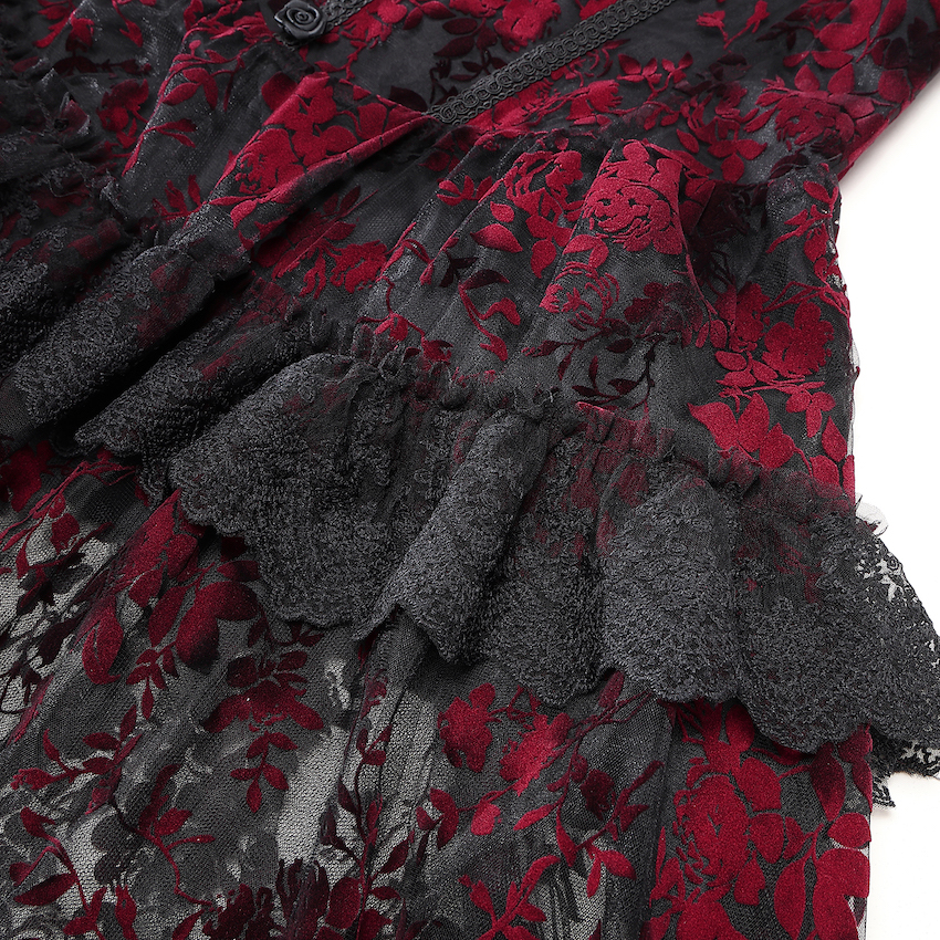 photo n&deg;11 : Robe longue gothique victorienne rouge et noire en tulle fin floqu&eacute; velours
