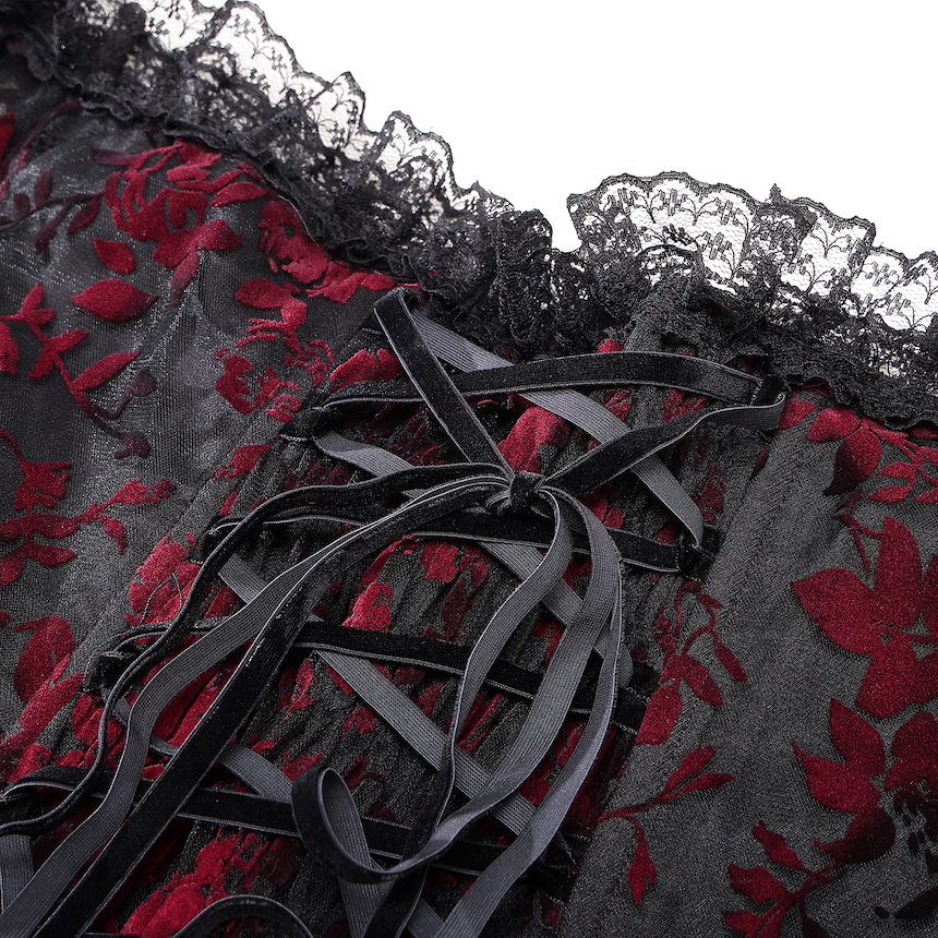 photo n&deg;9 : Robe longue gothique victorienne rouge et noire en tulle fin floqu&eacute; velours