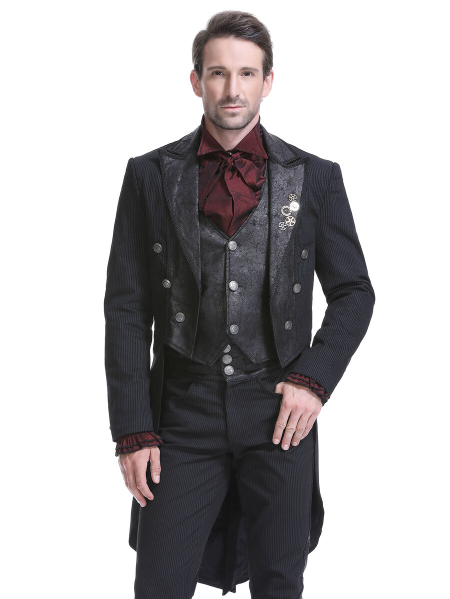 Veste steampunk homme ray&eacute;e avec imitation cuir et engrenages