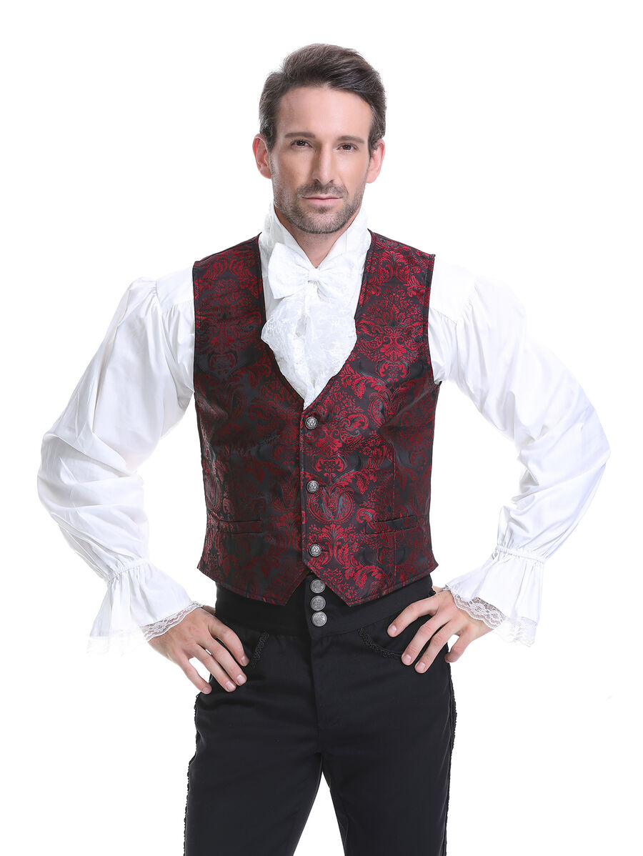 Gilet victorien steampunk homme - brocart bordeaux/noir &agrave; boutons d&eacute;coratifs