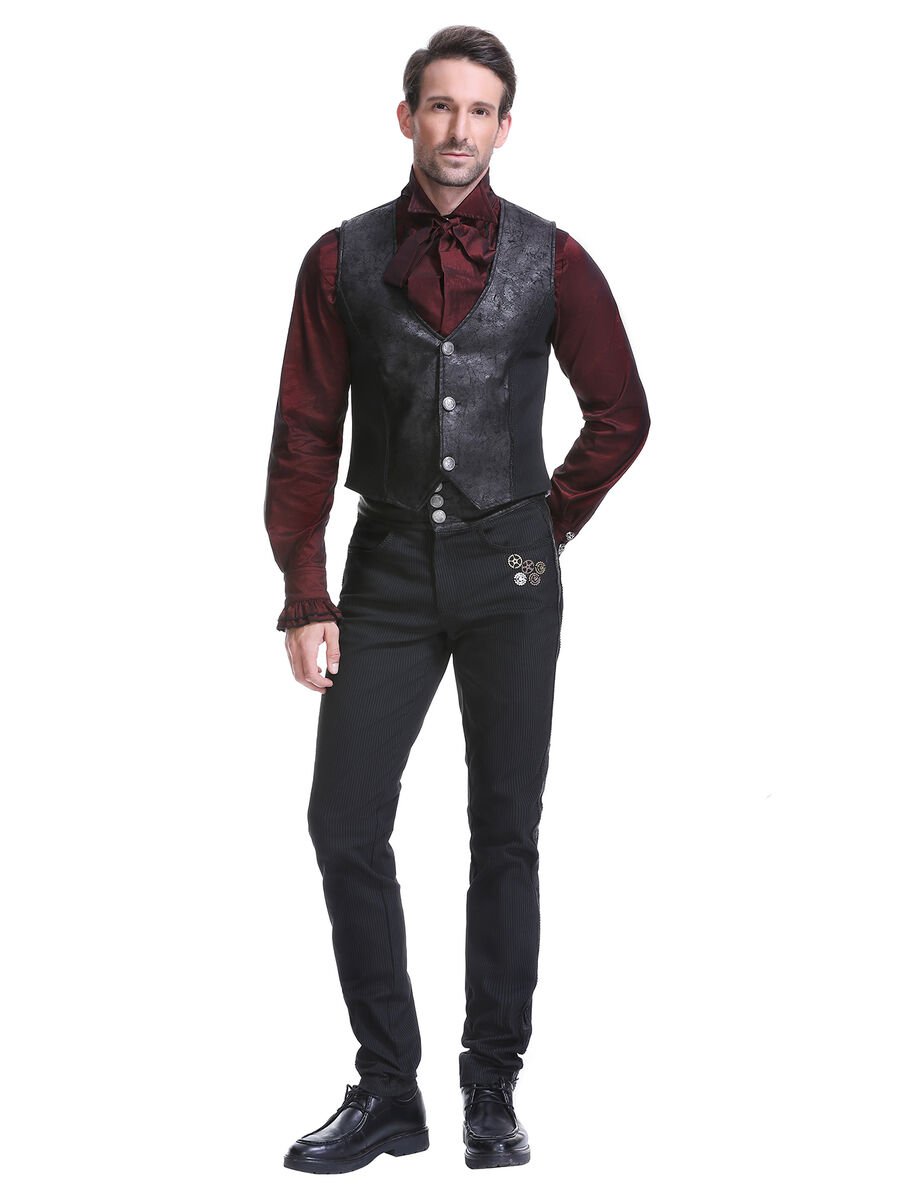 photo n&deg;13 : Gilet steampunk victorien homme - simili cuir patin&eacute; et tissu ray&eacute; noir