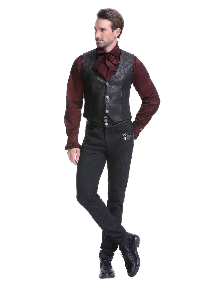 photo n&deg;2 : Gilet steampunk victorien homme - simili cuir patin&eacute; et tissu ray&eacute; noir