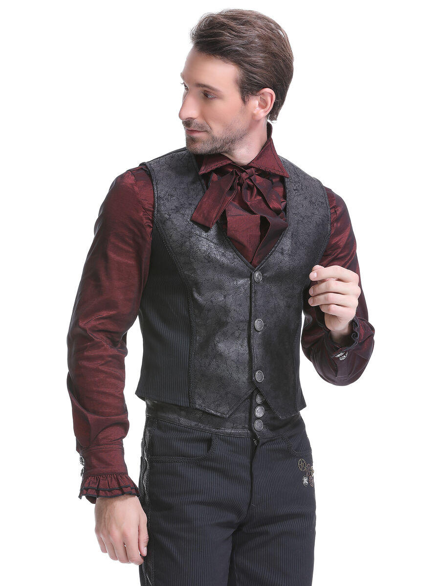 Gilet steampunk victorien homme - simili cuir patin&eacute; et tissu ray&eacute; noir