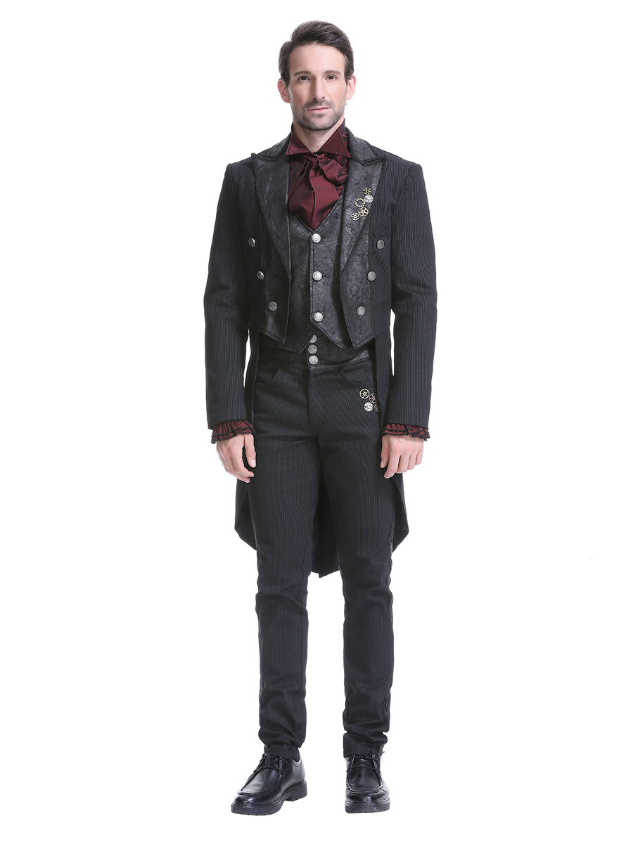 photo n&deg;3 : Gilet steampunk victorien homme - simili cuir patin&eacute; et tissu ray&eacute; noir