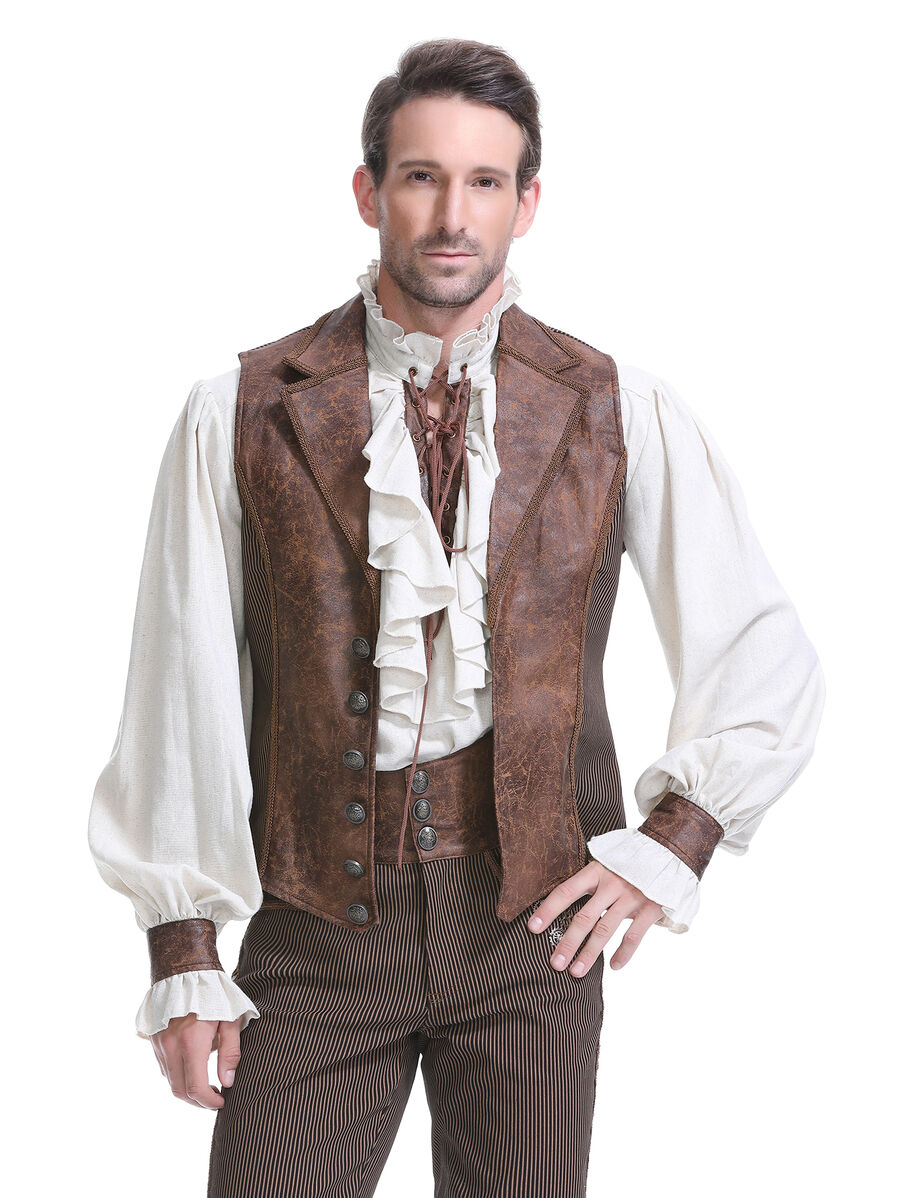 photo n&deg;14 : Gilet steampunk homme - simili cuir vieilli & panneaux ray&eacute;s