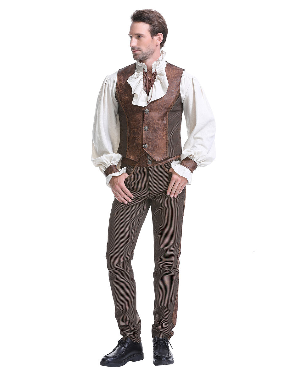 photo n&deg;14 : Gilet steampunk victorien homme - simili cuir vieilli et tissu ray&eacute; marron