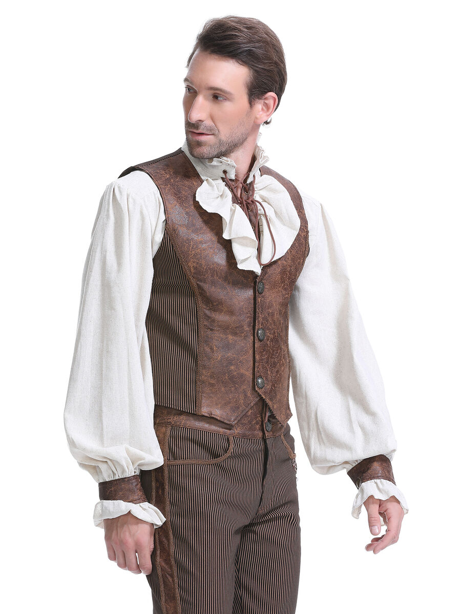 photo n&deg;11 : Gilet steampunk victorien homme - simili cuir vieilli et tissu ray&eacute; marron
