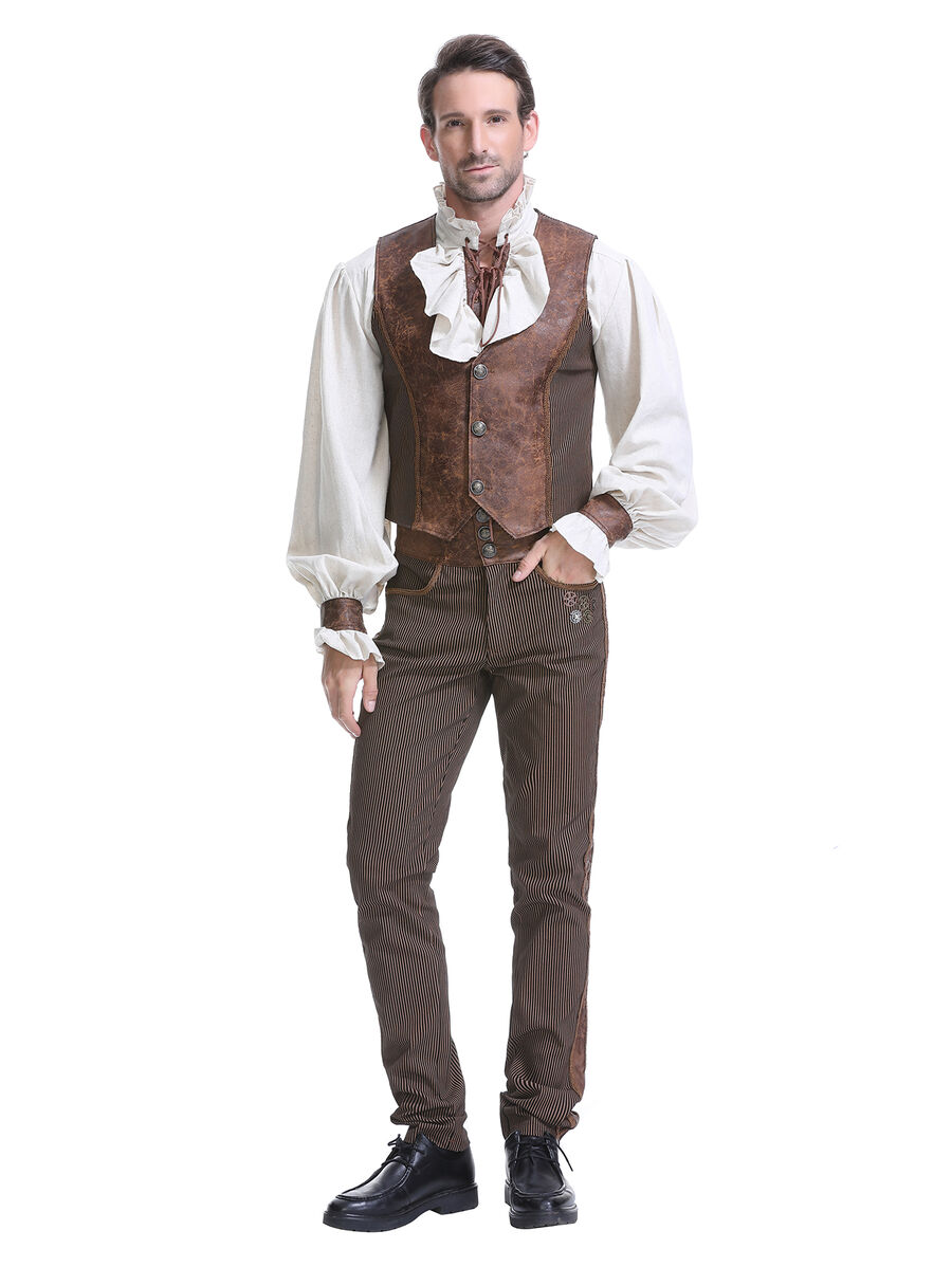 photo n&deg;12 : Gilet steampunk victorien homme - simili cuir vieilli et tissu ray&eacute; marron