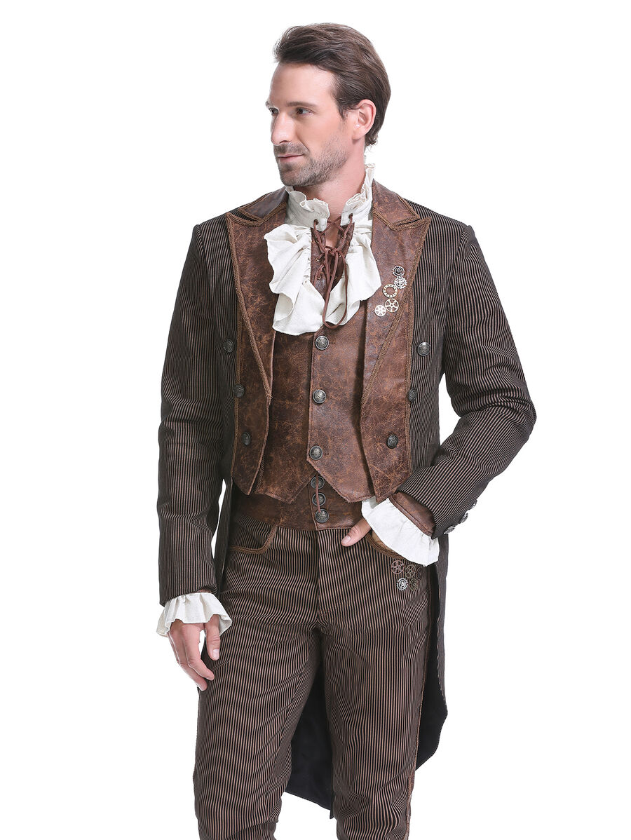 Veste steampunk homme ray&eacute;e avec imitation cuir et engrenages