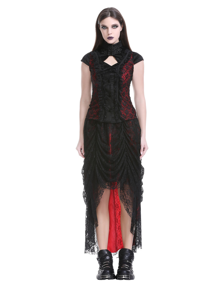 Jupe corset gothique longue en velours et dentelle noire