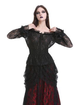 Blouse gothique en dentelle noire &eacute;paules d&eacute;nud&eacute;es, manches longues