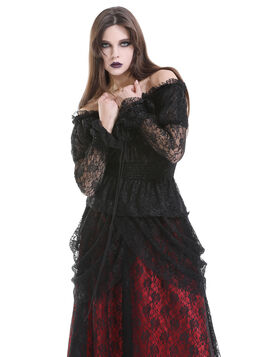 Blouse gothique en dentelle noire &eacute;paules d&eacute;nud&eacute;es, manches longues