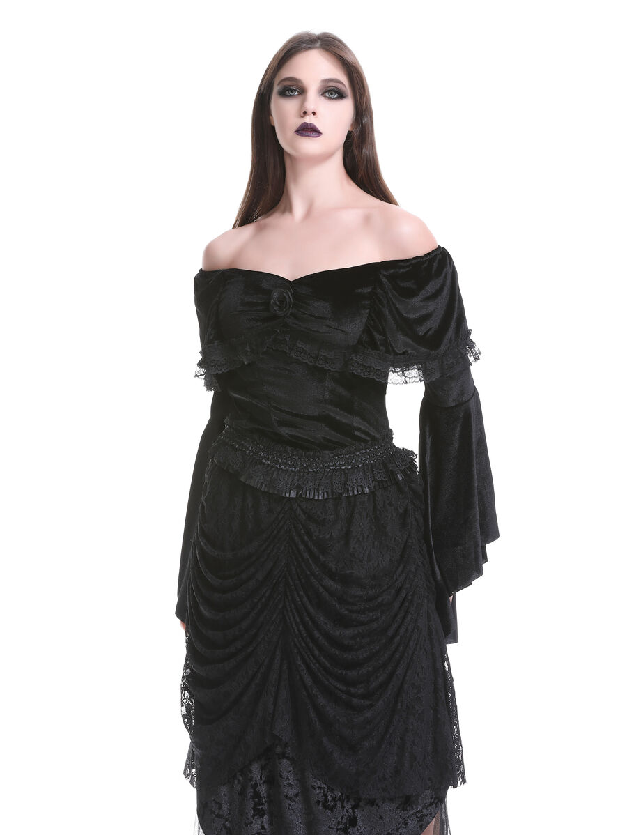 photo n&deg;11 : Top gothique en velours extensible &agrave; &eacute;paules d&eacute;nud&eacute;es, manches &eacute;vas&eacute;es