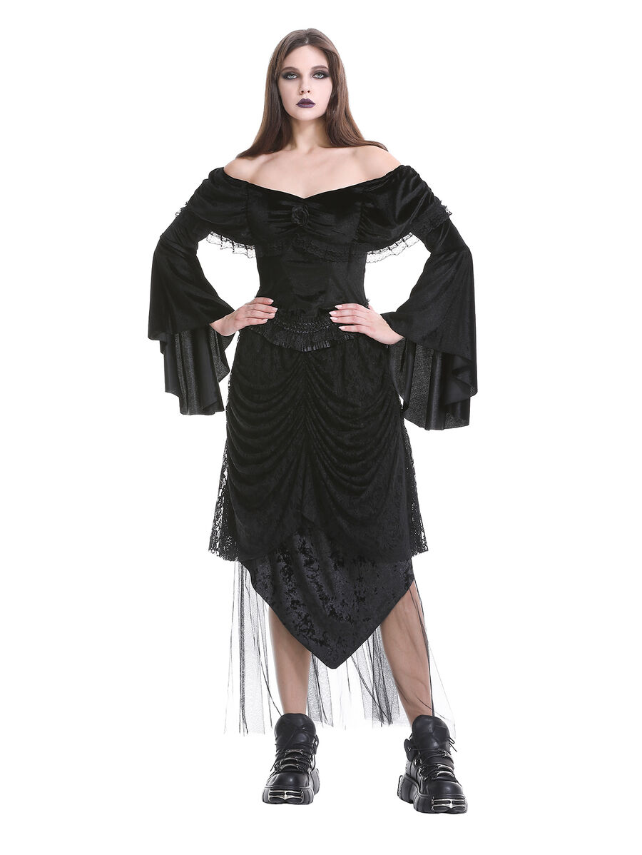 Jupe corset gothique longue en velours et dentelle noire