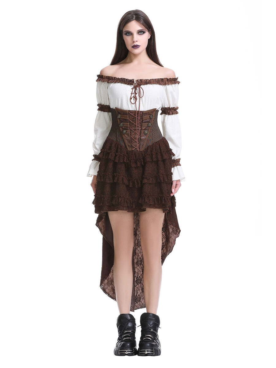photo n&deg;11 : Jupe corset steampunk longue en coton ray&eacute; marron et dentelle