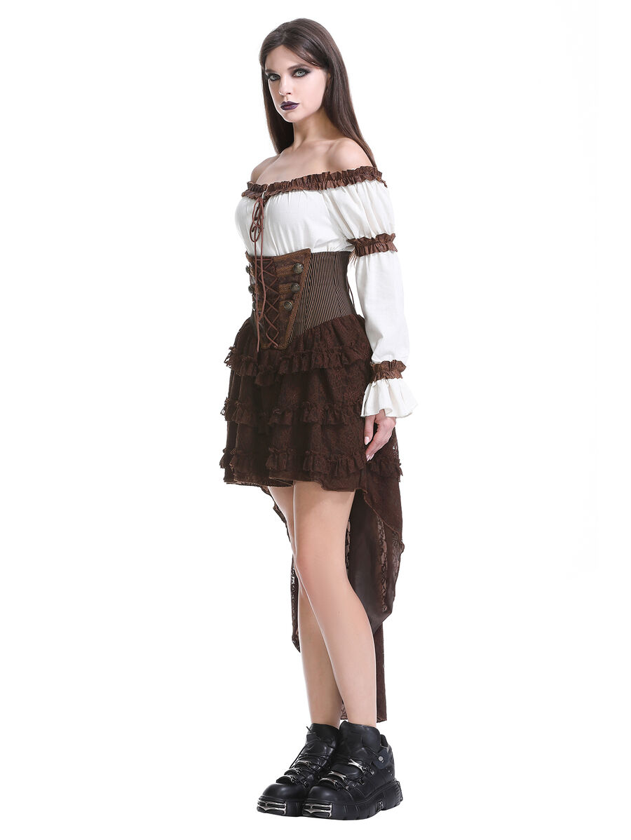 photo n&deg;12 : Jupe corset steampunk longue en coton ray&eacute; marron et dentelle