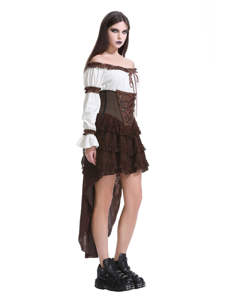 photo n&deg;13 : Jupe corset steampunk longue en coton ray&eacute; marron et dentelle