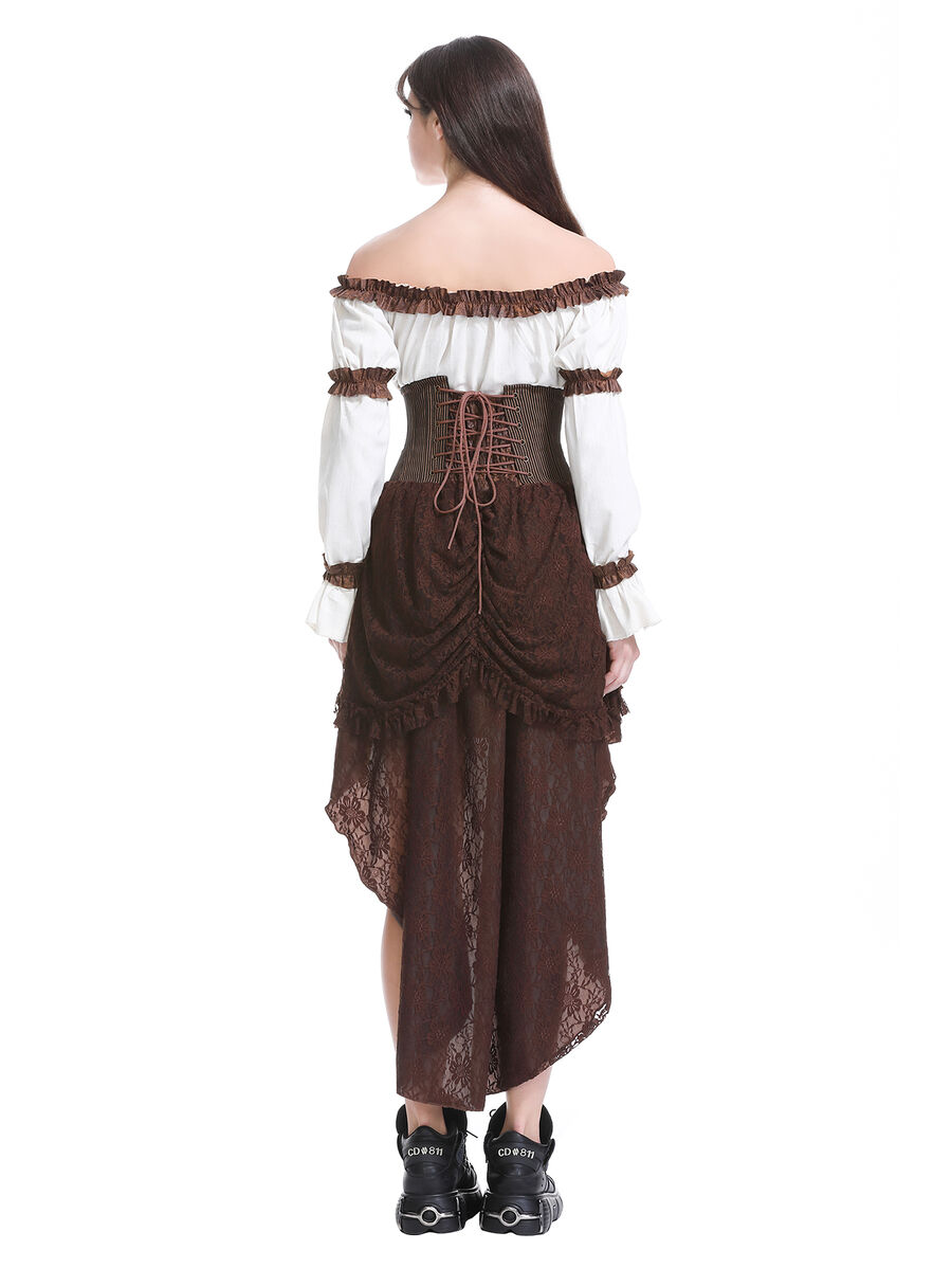 photo n&deg;14 : Jupe corset steampunk longue en coton ray&eacute; marron et dentelle