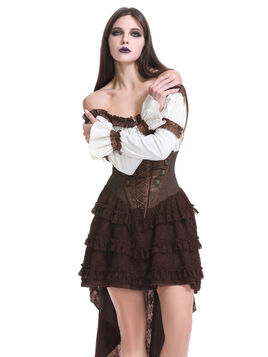 Jupe corset steampunk longue en coton ray&eacute; marron et dentelle