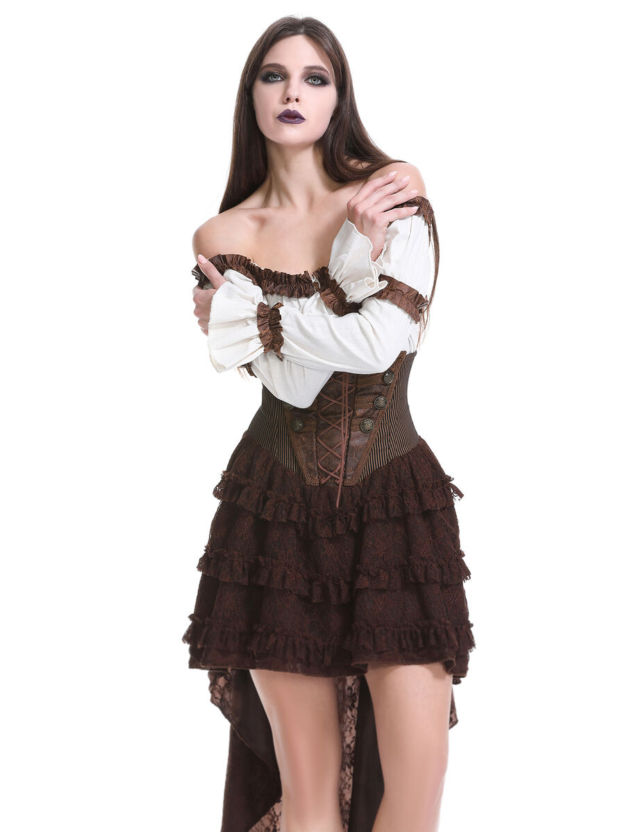 photo n&deg;18 : Jupe corset steampunk longue en coton ray&eacute; marron et dentelle