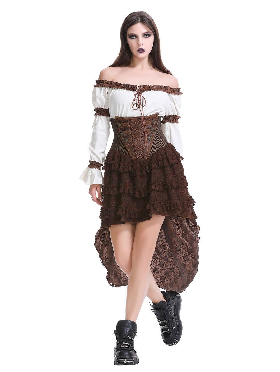photo n&deg;16 : Jupe corset steampunk longue en coton ray&eacute; marron et dentelle