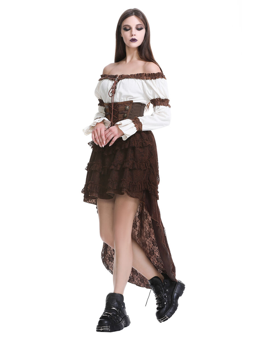 photo n&deg;17 : Jupe corset steampunk longue en coton ray&eacute; marron et dentelle