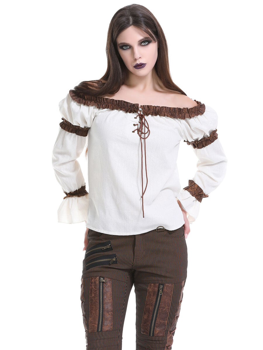 photo n&deg;12 : Blouse steampunk femme &eacute;paules d&eacute;nud&eacute;es avec volants et la&ccedil;age