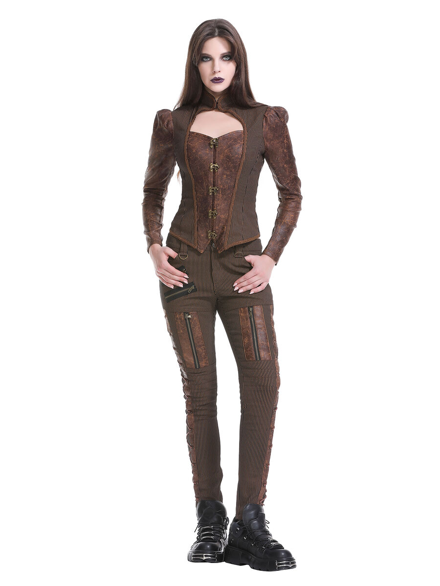 photo n&deg;15 : Veste/gilet steampunk femme &agrave; agrafes r&eacute;tro - panneaux ray&eacute;s & effet cuir