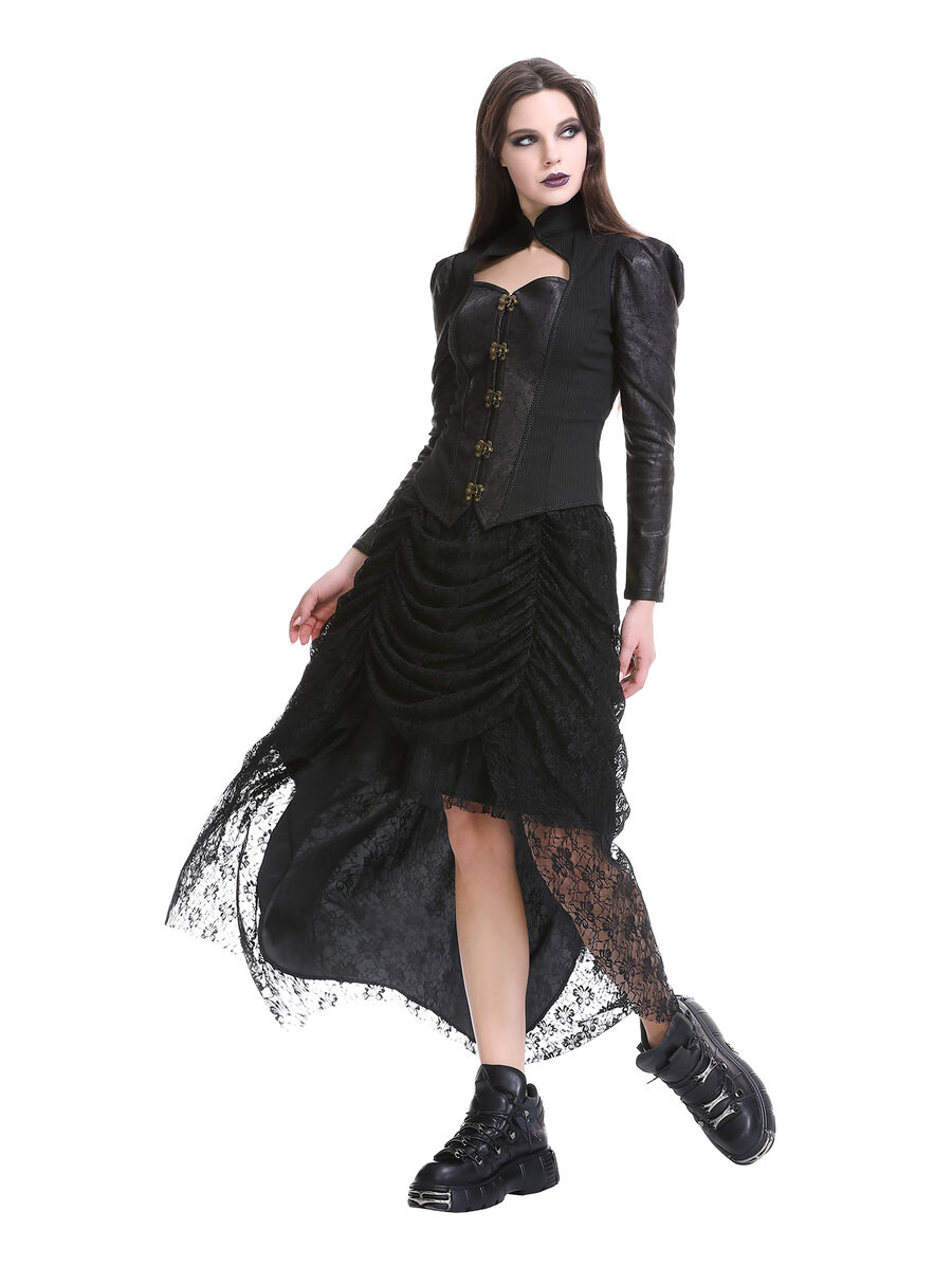Jupe corset gothique longue en velours et dentelle noire