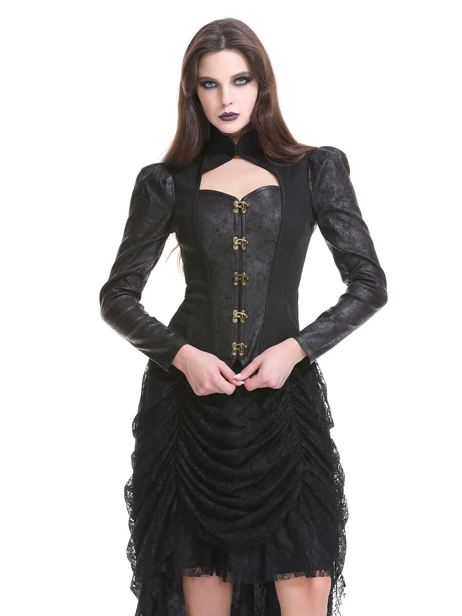 photo n&deg;13 : Veste/gilet steampunk femme &agrave; agrafes r&eacute;tro - panneaux ray&eacute;s & effet cuir