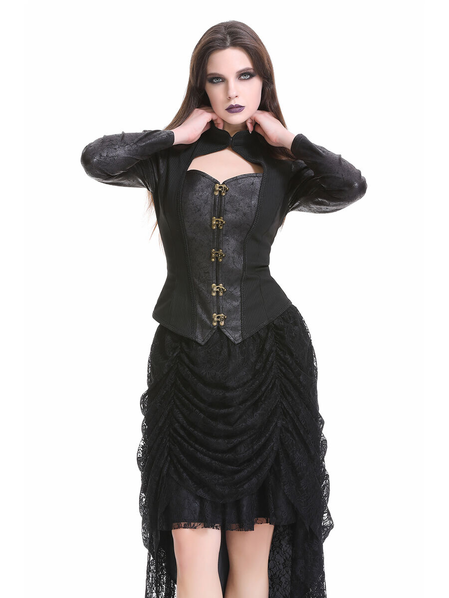 photo n&deg;14 : Veste/gilet steampunk femme &agrave; agrafes r&eacute;tro - panneaux ray&eacute;s & effet cuir